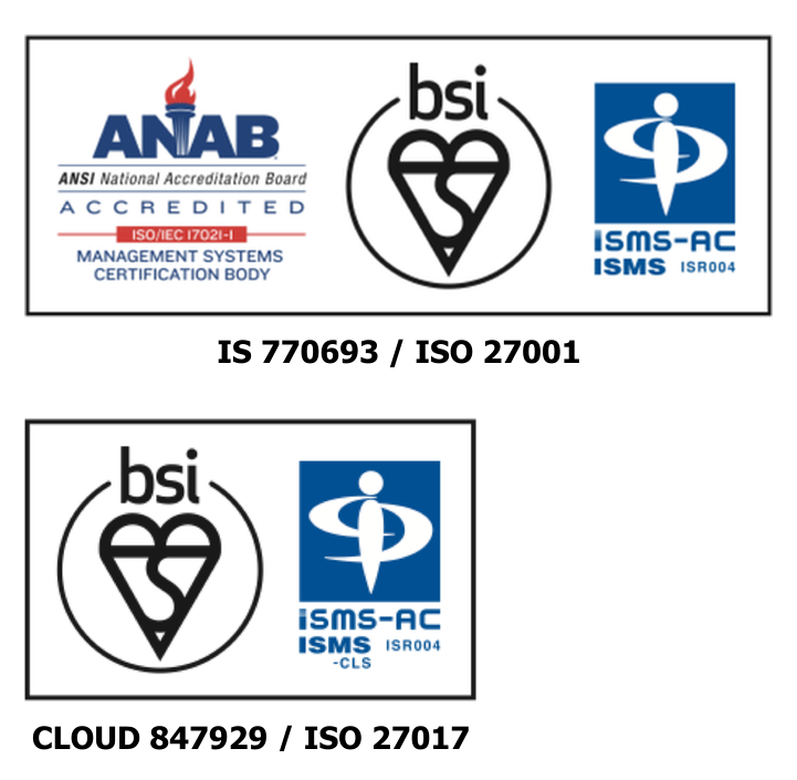BSI ISMS認証シンボル IS 770693 / ISO 27001、BSI ISMSクラウドセキュリティ認証シンボル CLOUD 847929 / ISO 27017