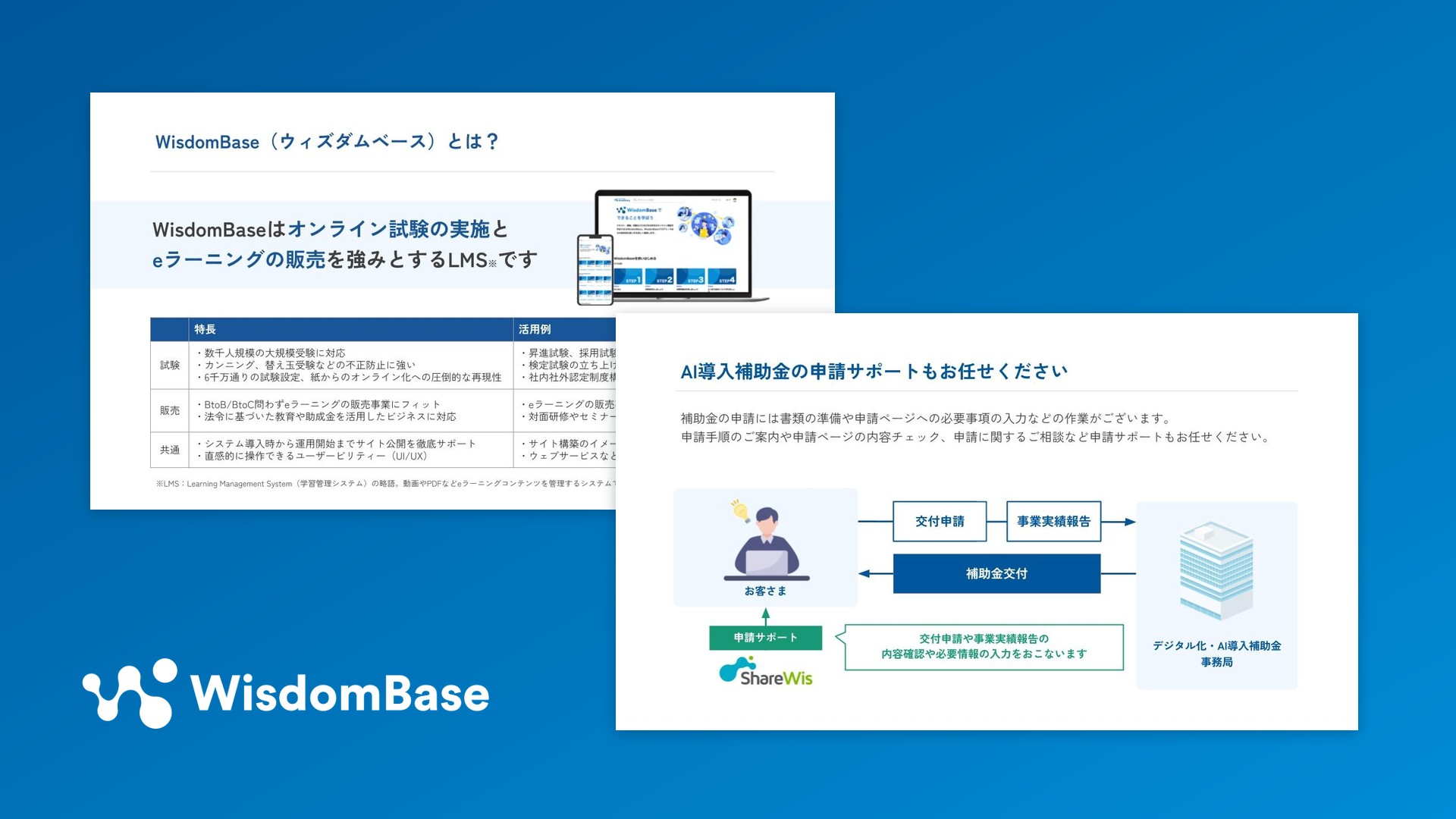 デジタル化・AI導入補助金の申請サポートの流れとWisdomBaseの特長を掲載したサービス資料